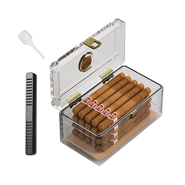 TISFA Cave à cigares en acrylique avec humidificateur et hygromètre, boîte à cigares de bureau pouvant contenir environ 15 à 