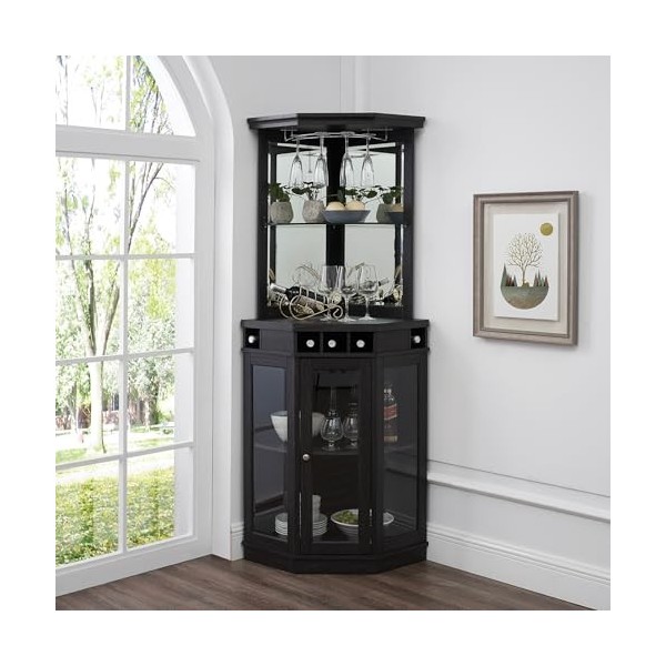 Home Source Meuble de bar dangle gris anthracite de 185,4 cm avec deux étagères en verre, casier à vin intégré, rangement po