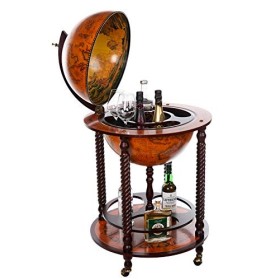 Birendy XXL 043RR Chariot de bar / bar à cocktails, à la forme du globe terrestre, colonne en bois massif deucalyptus, avec 
