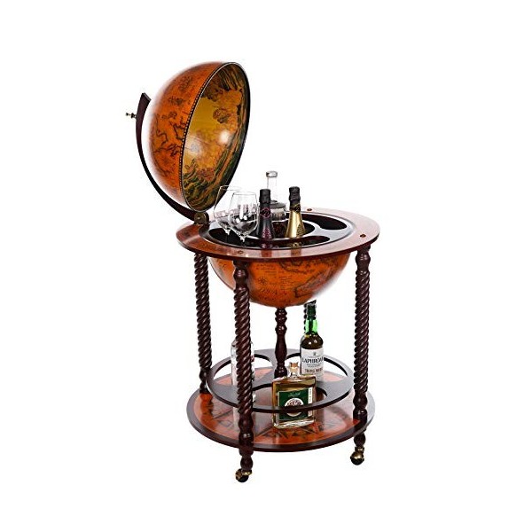 Birendy XXL 043RR Chariot de bar / bar à cocktails, à la forme du globe terrestre, colonne en bois massif deucalyptus, avec