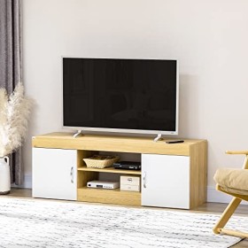 HOMCOM Meuble TV Banc TV jusquà 60 Pouces avec étagères 2 placards en Bois 130 x 39,6 x 48 cm Bois Naturel et Blanc