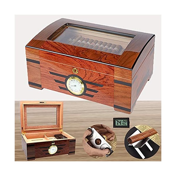Commoda Cave à cigares de bureau en verre trempé avec hygromètre monté sur le devant Boîte de rangement avec plateau en bois,