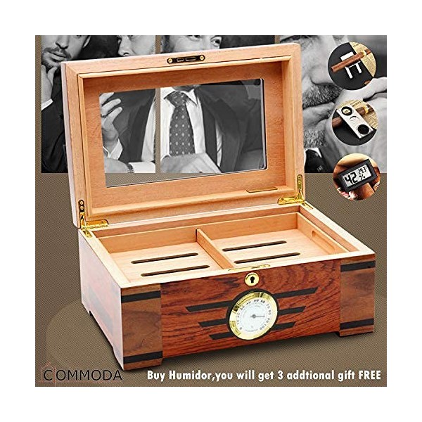 Commoda Cave à cigares de bureau en verre trempé avec hygromètre monté sur le devant Boîte de rangement avec plateau en bois,
