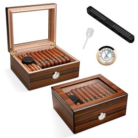 CIGARWONG Cave à cigares en cèdre espagnol pouvant contenir 30-50 cigares, boîte de bureau avec hygromètre et humidificateur