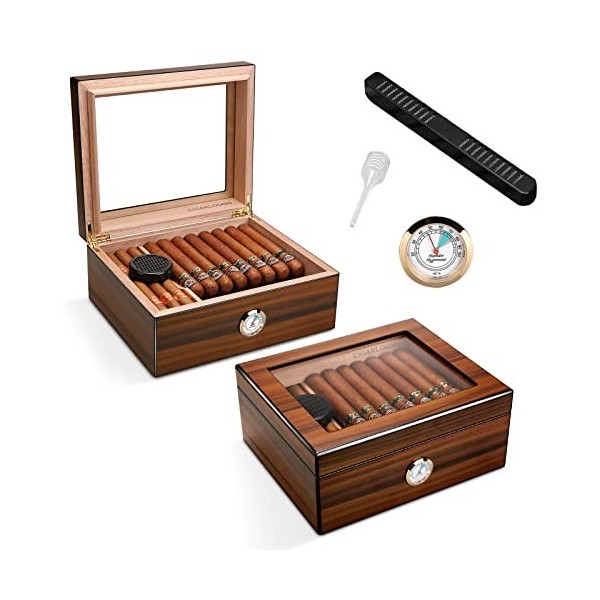 CIGARWONG Cave à cigares en cèdre espagnol pouvant contenir 30-50 cigares, boîte de bureau avec hygromètre et humidificateur
