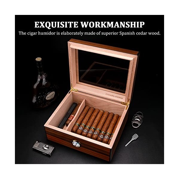 CIGARWONG Cave à cigares en cèdre espagnol pouvant contenir 30-50 cigares, boîte de bureau avec hygromètre et humidificateur