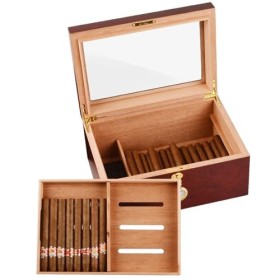 Cave à Cigares Grande Capacité pour 50 à 80 Cigares. Boîte à Cigares en Bois de Cèdre Faite à La Main avec Serrure, Plateau, 