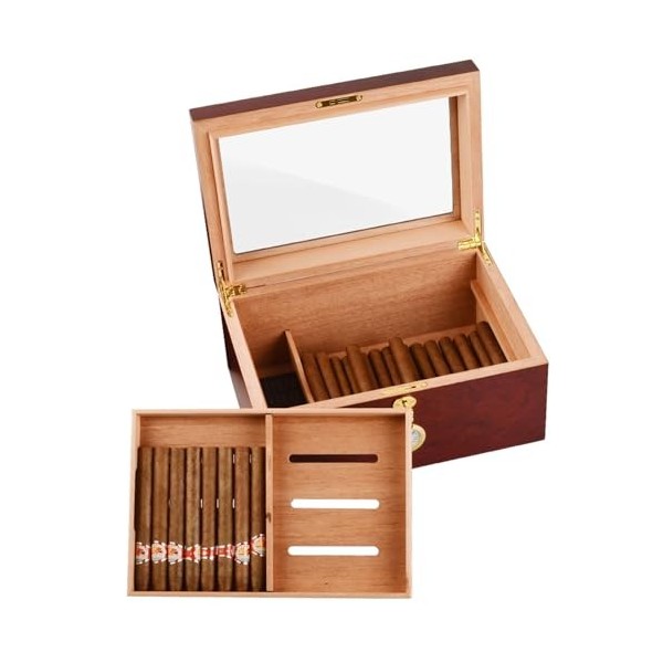 Cave à Cigares Grande Capacité pour 50 à 80 Cigares. Boîte à Cigares en Bois de Cèdre Faite à La Main avec Serrure, Plateau, 