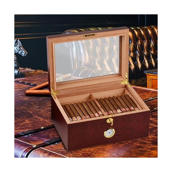 Cave à Cigares Grande Capacité pour 50 à 80 Cigares. Boîte à Cigares en Bois de Cèdre Faite à La Main avec Serrure, Plateau, 