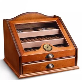 DECORN Boîte à Caves à Cigares - Boîte de Rangement en Cèdre Espagnol avec 4 Tiroirs de Rangement, Humidificateur et Hygromèt