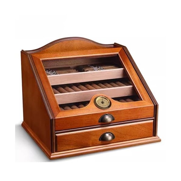 DECORN Boîte à Caves à Cigares - Boîte de Rangement en Cèdre Espagnol avec 4 Tiroirs de Rangement, Humidificateur et Hygromèt