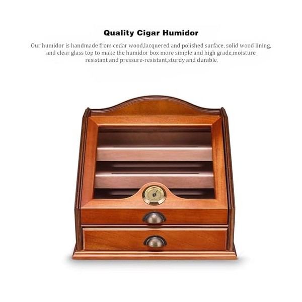 DECORN Boîte à Caves à Cigares - Boîte de Rangement en Cèdre Espagnol avec 4 Tiroirs de Rangement, Humidificateur et Hygromèt