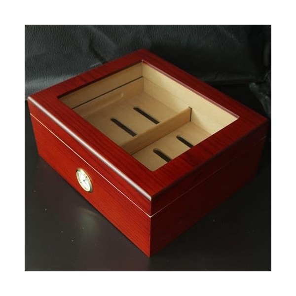 Cave à Cigares de Bureau avec Dessus en Verre, Finition en Bois de Cerisier, Stockage de Cigares avec Plateau et Séparateur e
