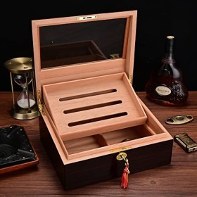 CIGARLOONG Boîte de Rangement pour cigares en Verre Transparent avec hygromètre et humidificateur pour 20 à 50 cigares