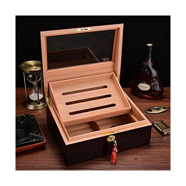 CIGARLOONG Boîte de Rangement pour cigares en Verre Transparent avec hygromètre et humidificateur pour 20 à 50 cigares