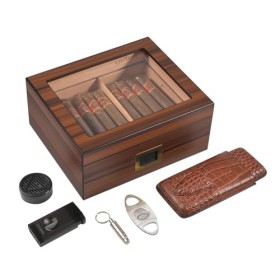 Volenx Boîte à Cigare, Humidor Cigare Artisanale avec Doublure en Bois de Cèdre, Étui à Cigare avec Briquet, Coupe Cigare et 