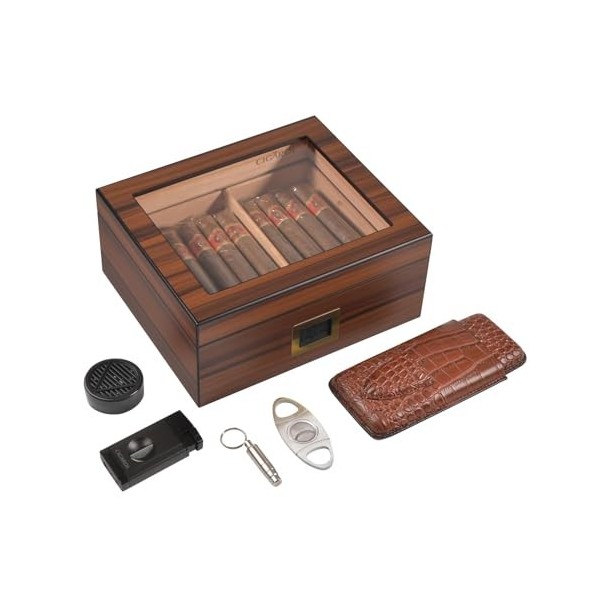 Volenx Boîte à Cigare, Humidor Cigare Artisanale avec Doublure en Bois de Cèdre, Étui à Cigare avec Briquet, Coupe Cigare et 