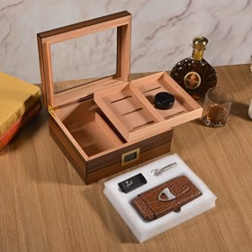 Volenx Boîte à Cigare, Humidor Cigare Artisanale avec Doublure en Bois de Cèdre, Étui à Cigare avec Briquet, Coupe Cigare et 