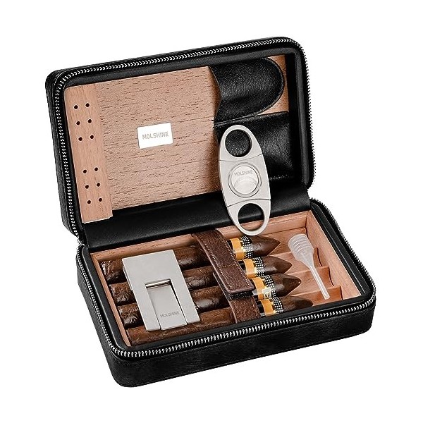 molshine Étui à cigares de Voyage en Cuir végétalien avec Coupe-Cigare et Support, boîte à cigares Portable en Bois de cèdre 