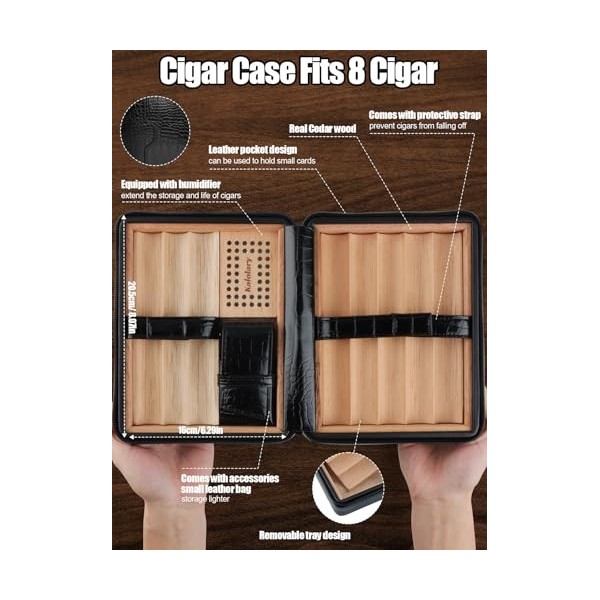 Kalolary Cave à cigares, Boîte à cigares Etui de Voyage Portable pour 8 cigares Cuir Portable de Voyage en Bois de cèdre Cave
