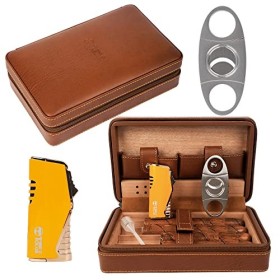 4 Doigts Cuir de voyage portable Étui à cigares, Coupe cigare, Cave à cigares avec Coupe cigare et Humidificateur, Cadeau de 