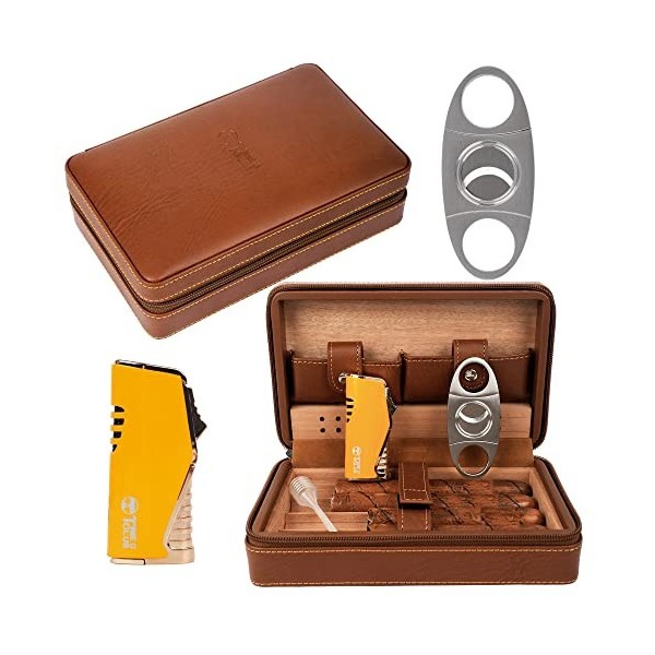 4 Doigts Cuir de voyage portable Étui à cigares, Coupe cigare, Cave à cigares avec Coupe cigare et Humidificateur, Cadeau de 