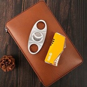 4 Doigts Cuir de voyage portable Étui à cigares, Coupe cigare, Cave à cigares avec Coupe cigare et Humidificateur, Cadeau de 