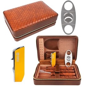 Time C Club Paquete de 4 Pièces dHumidor Portable en Cuir de Voyage Texturé Tissé Marron, Coupe-cigare, Cave à Cigares et Hu