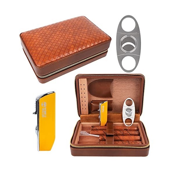 Time C Club Paquete de 4 Pièces dHumidor Portable en Cuir de Voyage Texturé Tissé Marron, Coupe-cigare, Cave à Cigares et Hu