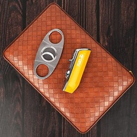 Time C Club Paquete de 4 Pièces dHumidor Portable en Cuir de Voyage Texturé Tissé Marron, Coupe-cigare, Cave à Cigares et Hu