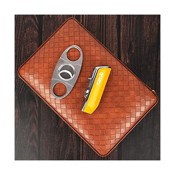 Time C Club Paquete de 4 Pièces dHumidor Portable en Cuir de Voyage Texturé Tissé Marron, Coupe-cigare, Cave à Cigares et Hu