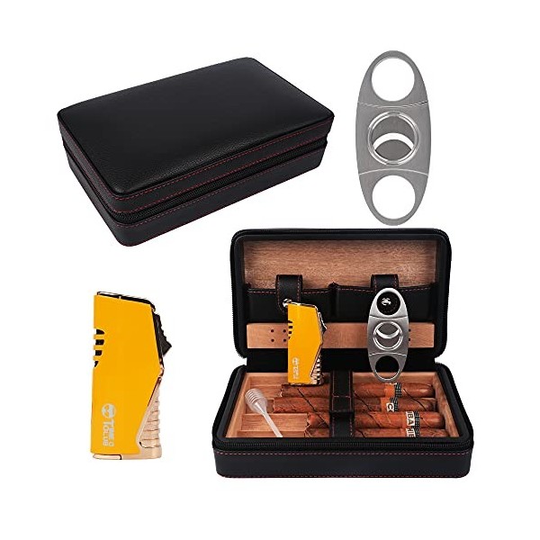 Temps C Club Etui de voyage portable pour 4 cigares, Coupe-cigare, allume-cigare Humidificateur pour cigares avec Coupe-cigar
