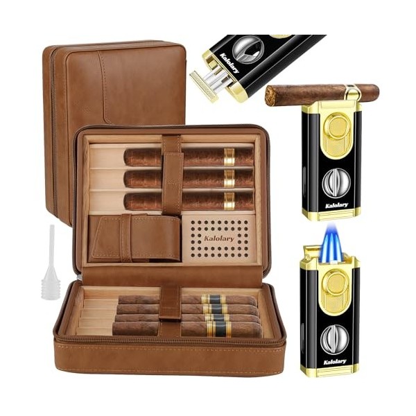 Kalolary Cave à cigares, Boîte à cigares Etui de Voyage Portable pour 8 cigares Cuir Portable de Voyage en Bois de cèdre Cave