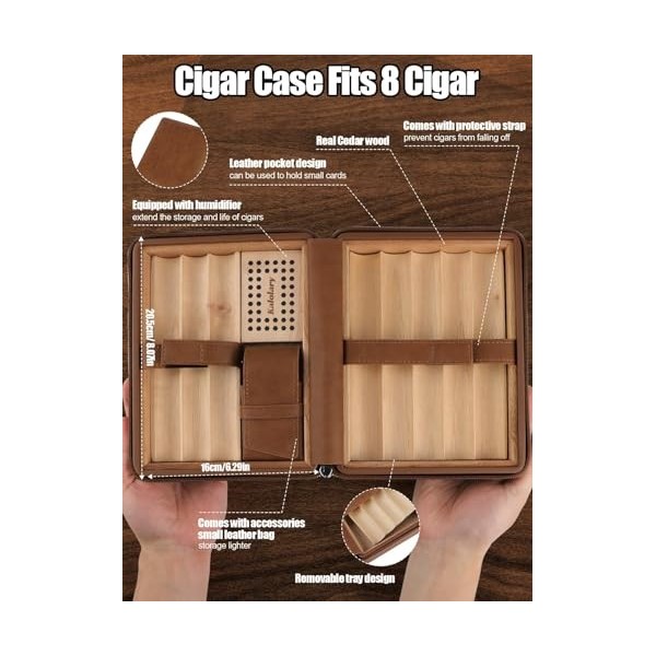 Kalolary Cave à cigares, Boîte à cigares Etui de Voyage Portable pour 8 cigares Cuir Portable de Voyage en Bois de cèdre Cave