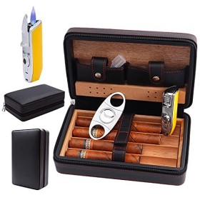 TUDO Cave à cigares, Étui à cigares, Cuir Portable de Voyage en Bois de cèdre Cave à cigares avec Humidificateur Noir 