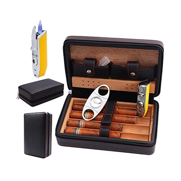 TUDO Cave à cigares, Étui à cigares, Cuir Portable de Voyage en Bois de cèdre Cave à cigares avec Humidificateur Noir 