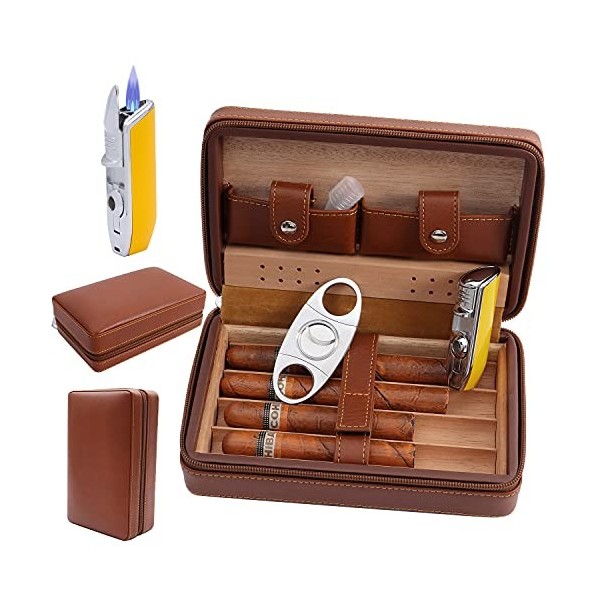 TUDO Cave à cigares, Étui à cigares, Cuir Portable de Voyage en Bois de cèdre Cave à cigares avec Humidificateur Noir 
