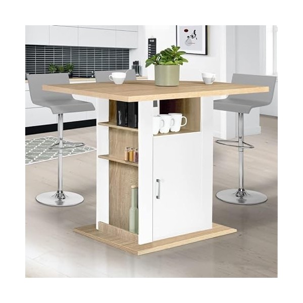 IDMarket - Ilot Central UGO 110 cm Bois Blanc et Imitation hêtre avec rangements