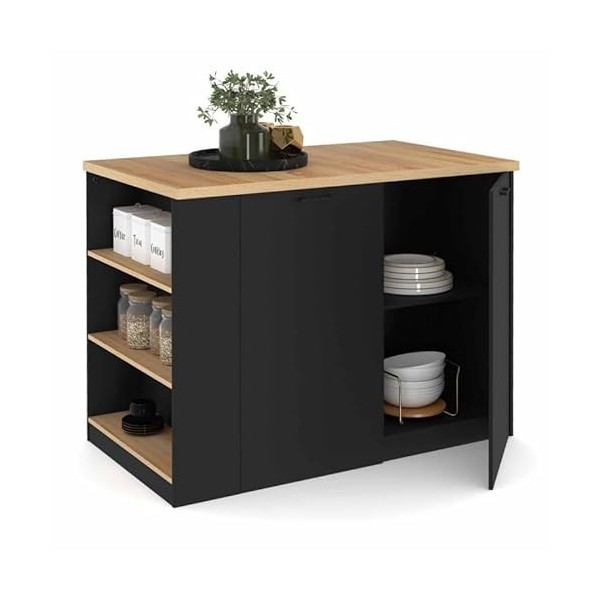 IDMarket - Ilot Central TIBO 120 cm Bois Noir avec Plan de Travail façon hêtre