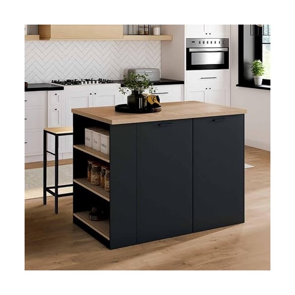 IDMarket - Ilot Central TIBO 120 cm Bois Noir avec Plan de Travail façon hêtre