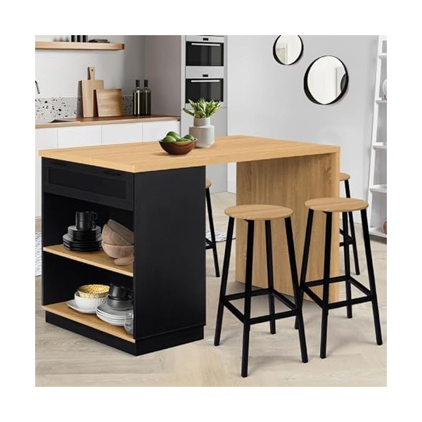 IDMarket - Ilot Central Mange-Debout 4 Personnes VITO 130 cm Noir et Plateau Bois