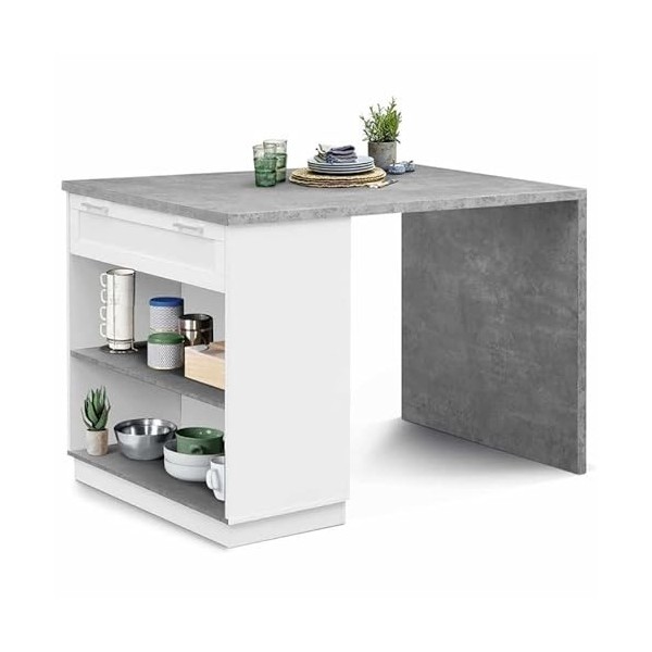 IDMarket - Ilot Central Mange Debout 4 Personnes VITO 130 cm Blanc et Plateau Effet béton