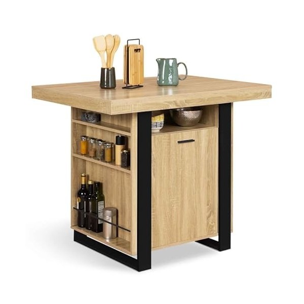 IDMarket - Ilot Central Phoenix 110 cm Bois et Noir avec rangements