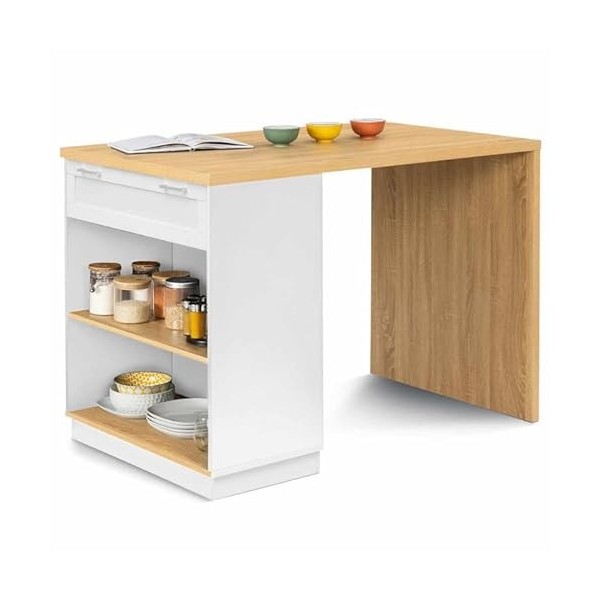 IDMarket - Ilot Central Mange Debout 4 Personnes VITO 130 cm Blanc et Plateau Bois