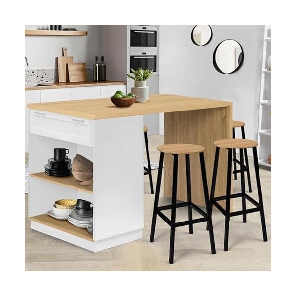IDMarket - Ilot Central Mange Debout 4 Personnes VITO 130 cm Blanc et Plateau Bois