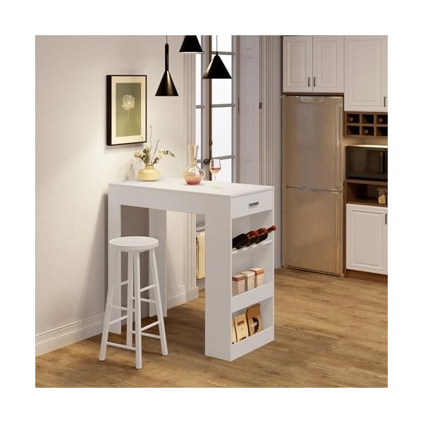 WOLTU Table de Bar, Table Haute Cuisine, Table Haute, Table à Manger, avec 1 Tiroir et 3 Compartiments Ouverts, en Bois dIng