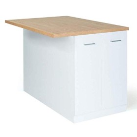 IDMarket - Ilot Central IVO 120 cm Blanc avec Plan de Travail façon hêtre