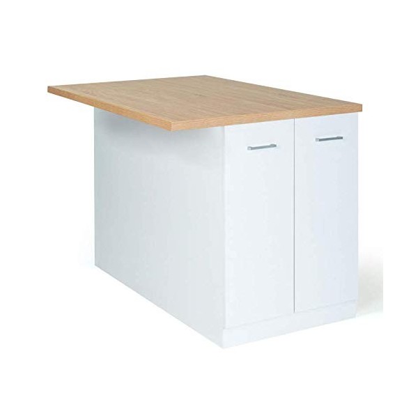 IDMarket - Ilot Central IVO 120 cm Blanc avec Plan de Travail façon hêtre