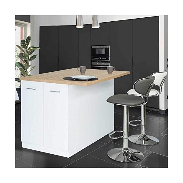 IDMarket - Ilot Central IVO 120 cm Blanc avec Plan de Travail façon hêtre
