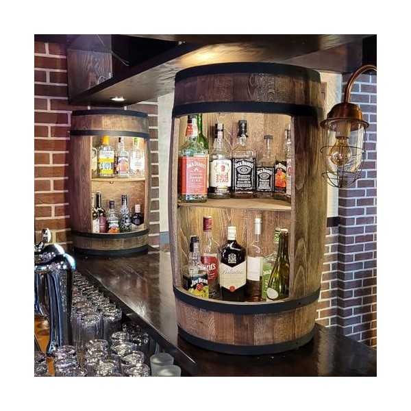 Armoire de Bar LED. Casier à vin Style rétro 81 cm - Tonneau en Bois Table Rustique - Fût en Bois massifStyle Industriel, pou